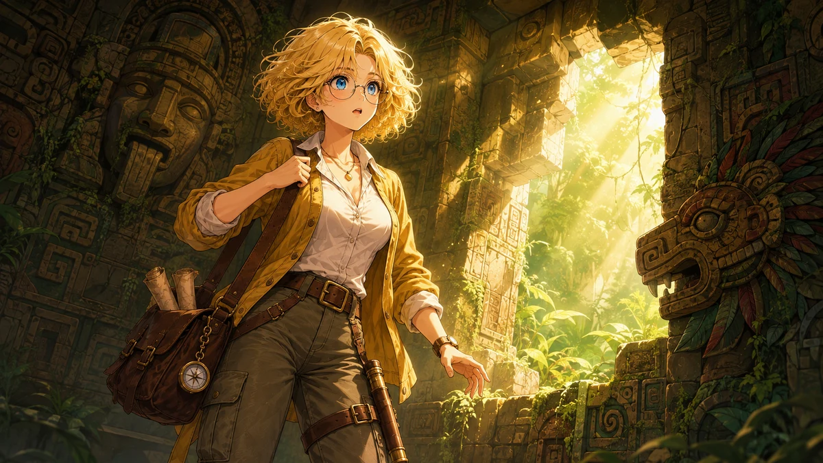 Goldie exploring a jungle ruin